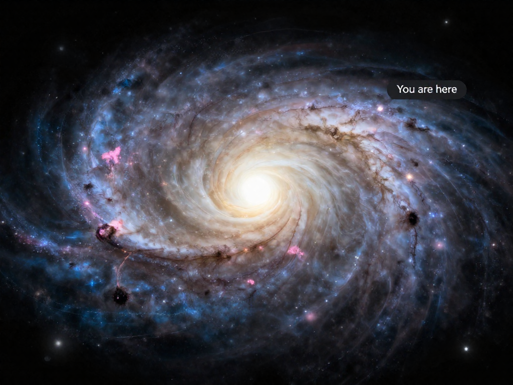 Overhead illustration of the Milky Way's spiral arms with a marker showing the Sun's location in an outer arm