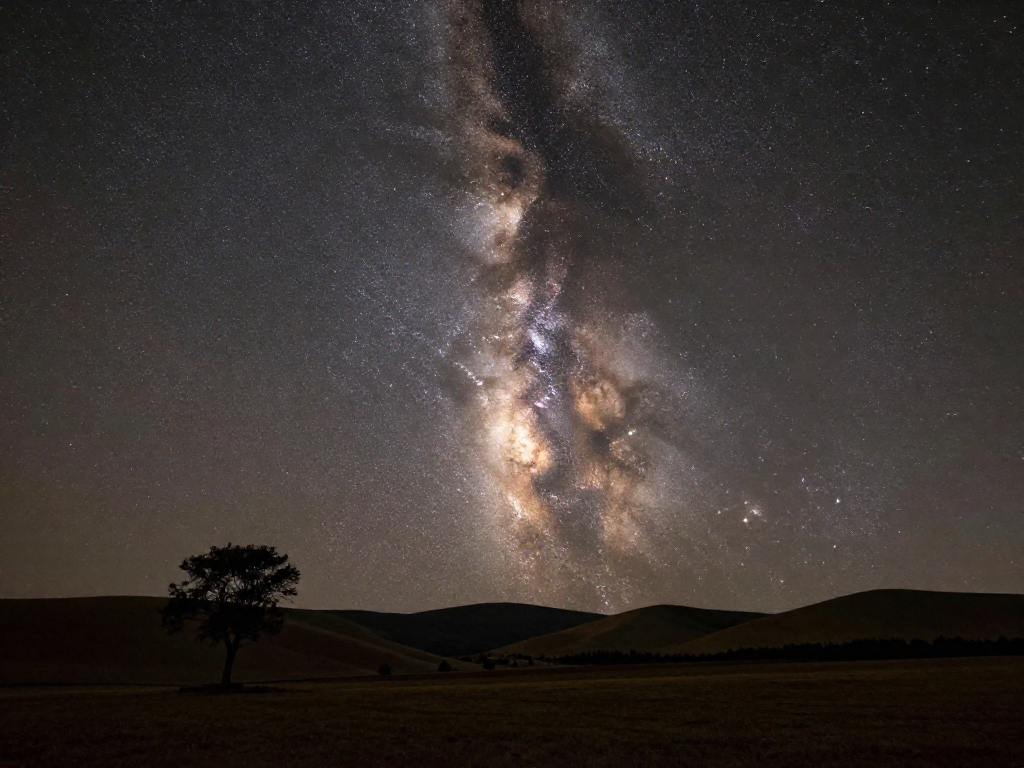 The Milky Way band arching over a dark natural landscape with a silhouetted tree
