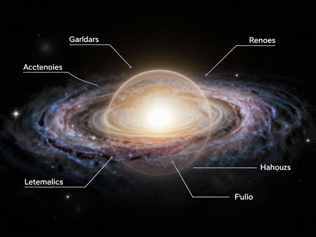 Labeled diagram of the Milky Way showing the core, bulge, disk, spiral arms, and halo