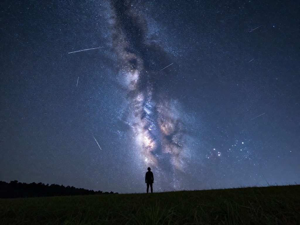 A meteor streaking across a starry Milky Way sky while a lone person watches from a grassy hilltop