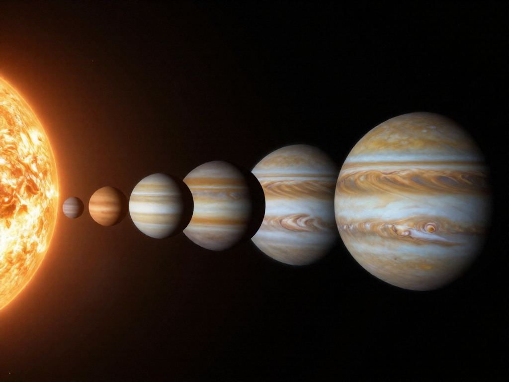 Side-by-side size comparison of the eight planets next to the edge of the Sun