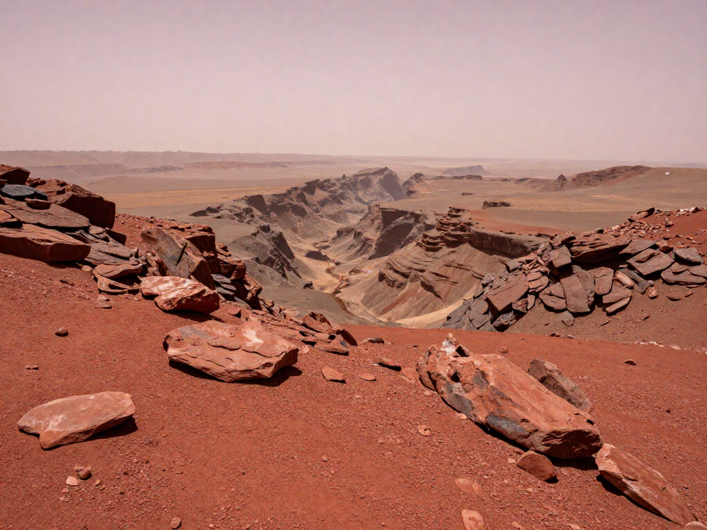 The red dusty surface of Mars with a large canyon under a pinkish sky