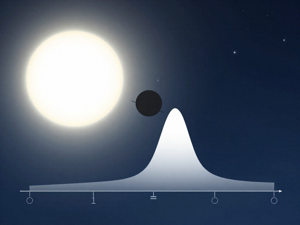 Infographic showing a planet crossing in front of its star and the resulting dip in the star's brightness on a light curve