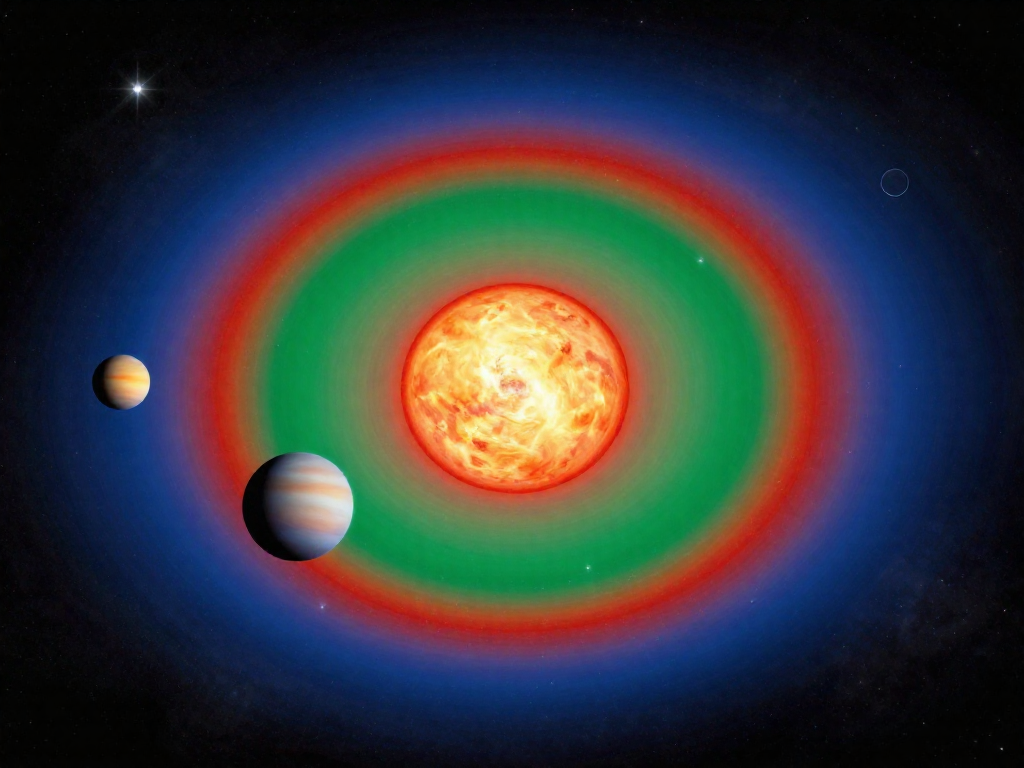 Diagram of a star's habitable zone with a green safe band and planets placed inside and outside the zone