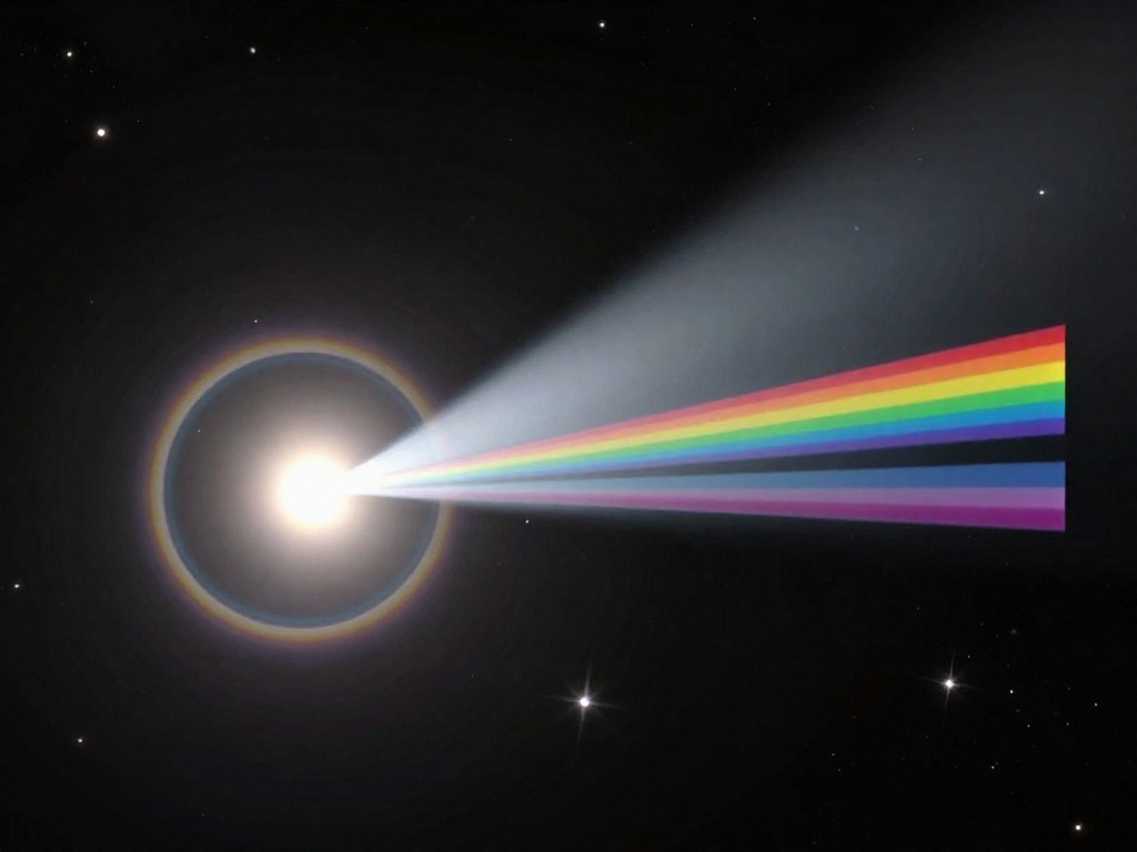 Illustration of starlight passing through an exoplanet's atmosphere producing a spectrum with dark absorption lines