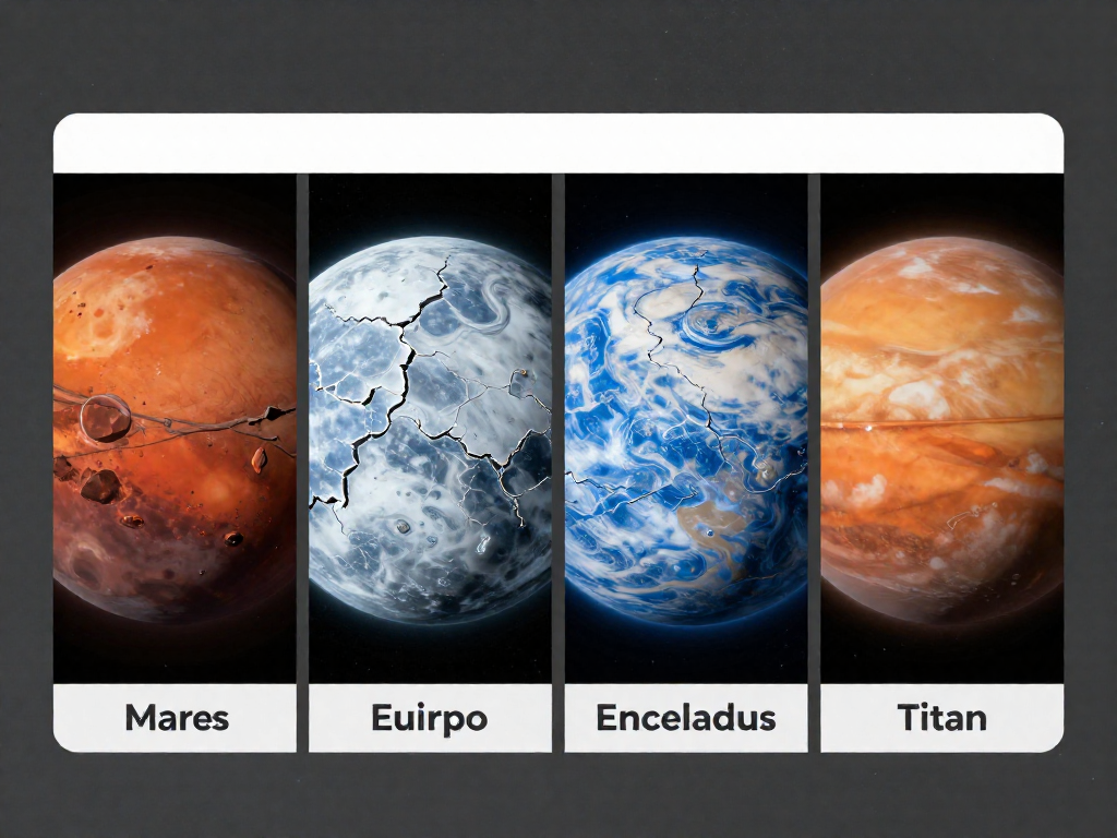 Comparison graphic of Mars, Europa, Enceladus, and Titan as promising worlds to search for life