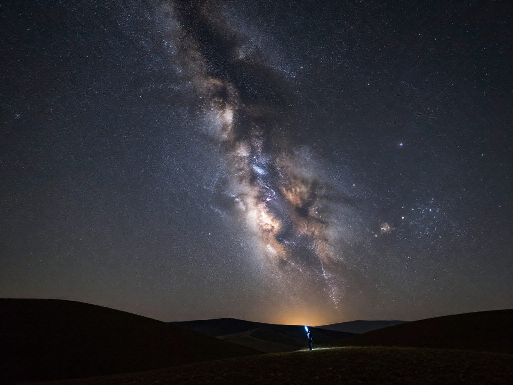 The Milky Way arching over dark silhouetted hills with a lone stargazer beneath a star-filled sky