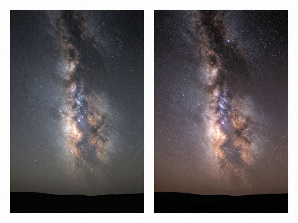 Side-by-side comparison of the faint naked-eye Milky Way versus a brighter long-exposure camera view
