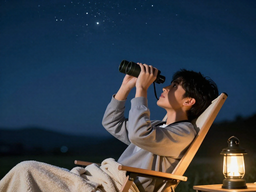A person reclining in an outdoor chair at night using binoculars to look up at a star-filled sky