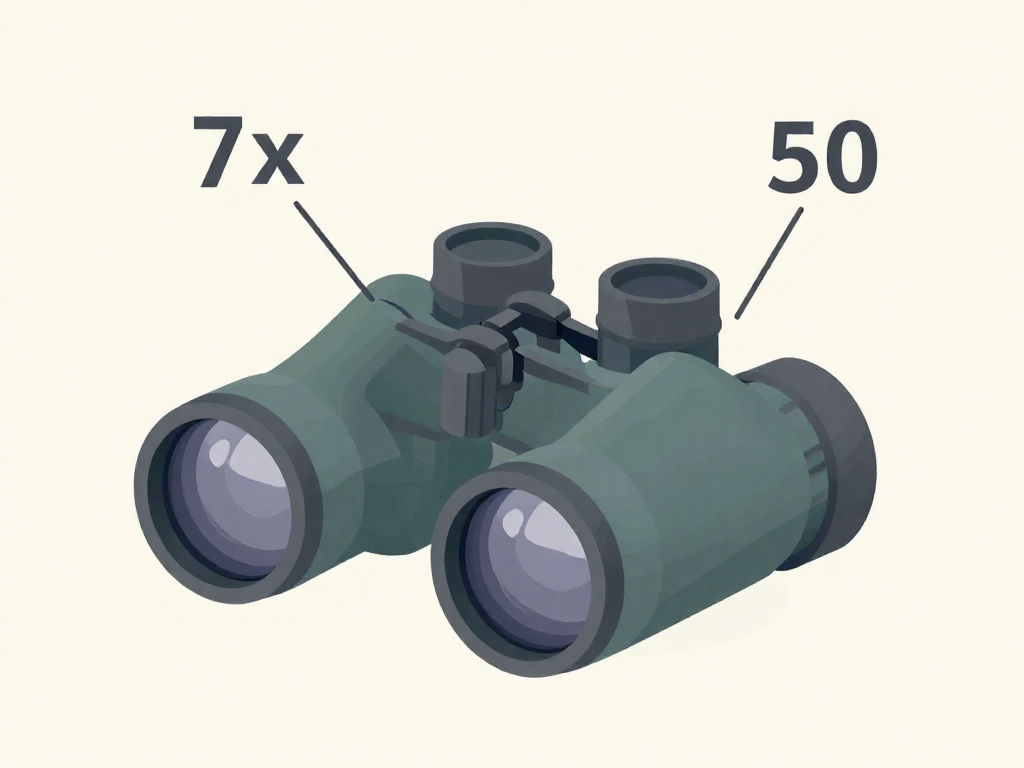 Labeled diagram of binoculars explaining what the 7x50 numbers mean for magnification and lens size