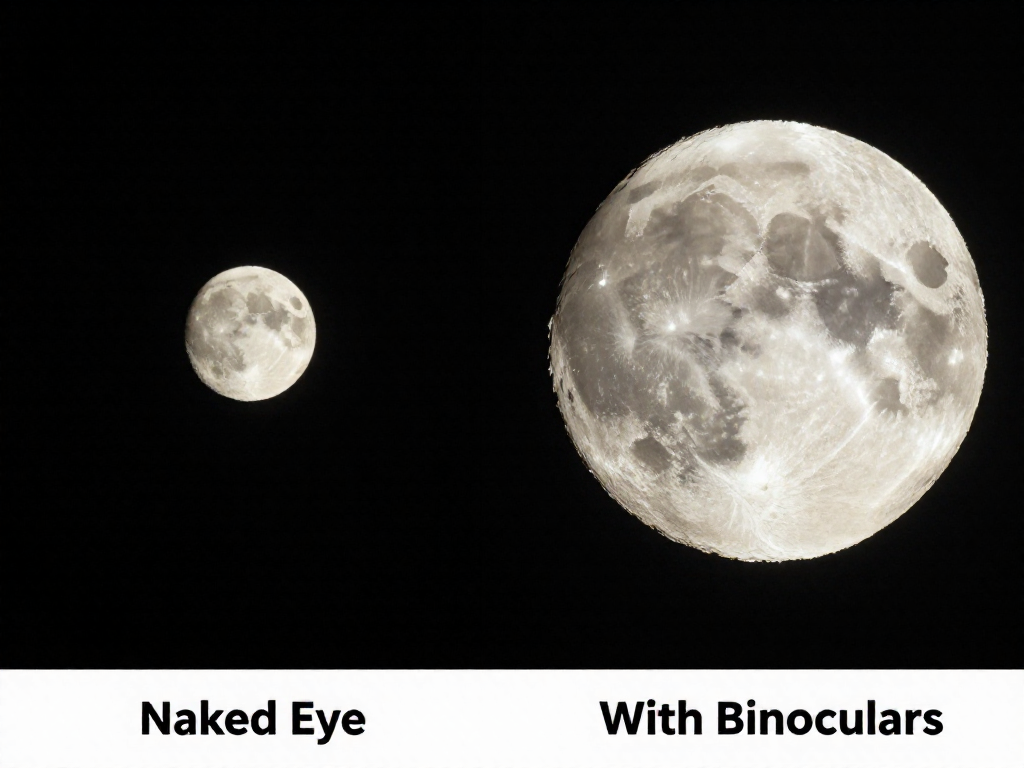 Side-by-side comparison of the Moon seen with the naked eye versus through binoculars showing more crater detail