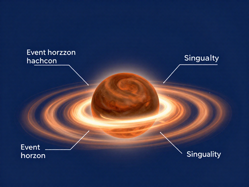 Labeled diagram of a black hole showing the event horizon, singularity, and accretion disk