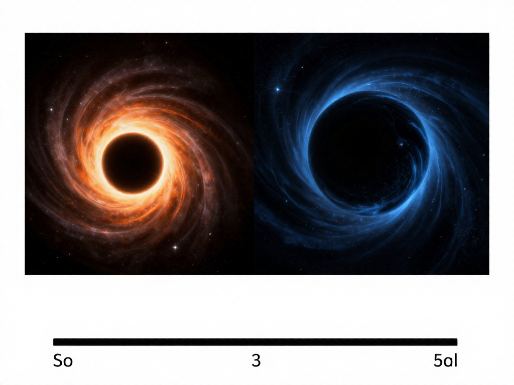 Side by side comparison of a small stellar black hole and a giant supermassive black hole