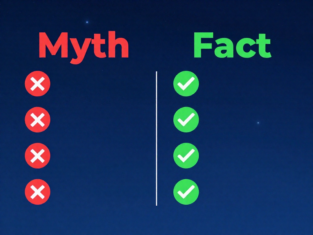 Myth versus fact checklist infographic about black holes with red X marks and green check marks