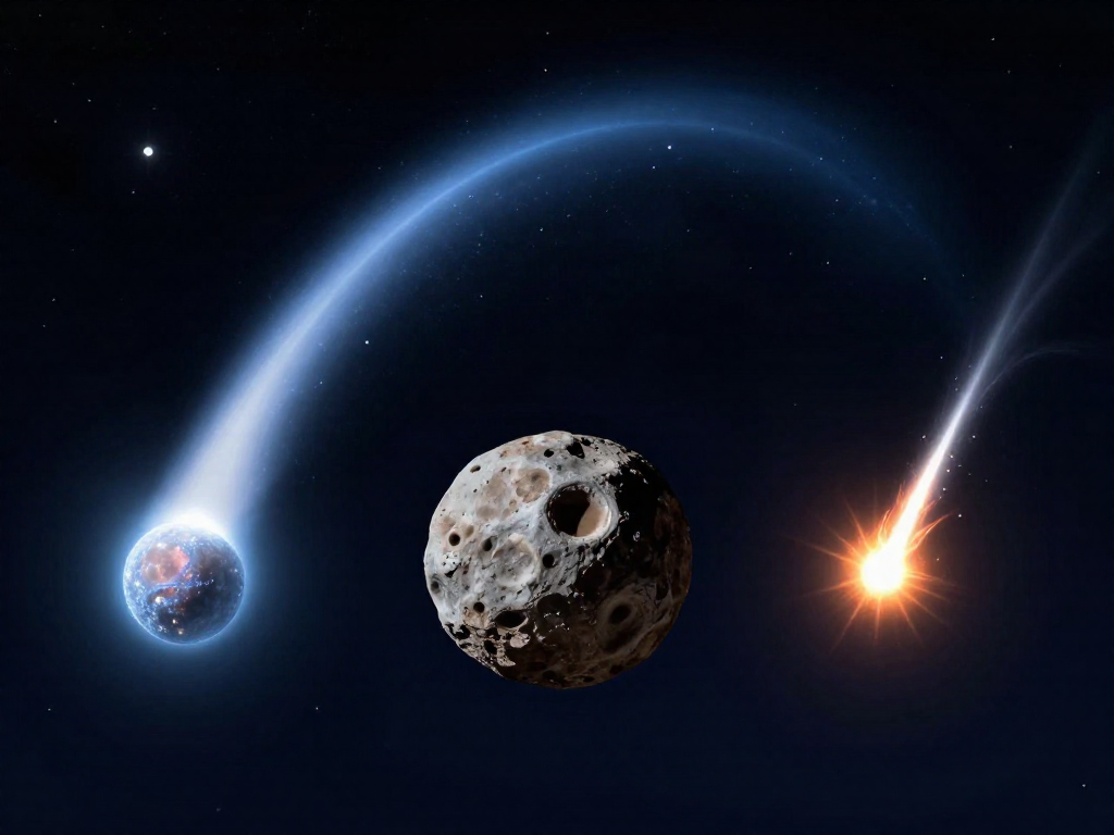 A comet, an asteroid, and a streaking meteor shown side by side against a starry sky