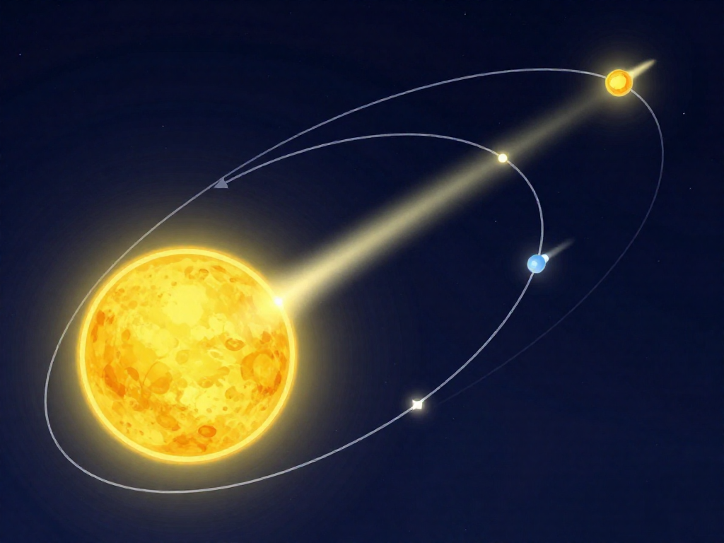 Diagram of a comet orbiting the Sun with its tail always pointing away from the Sun