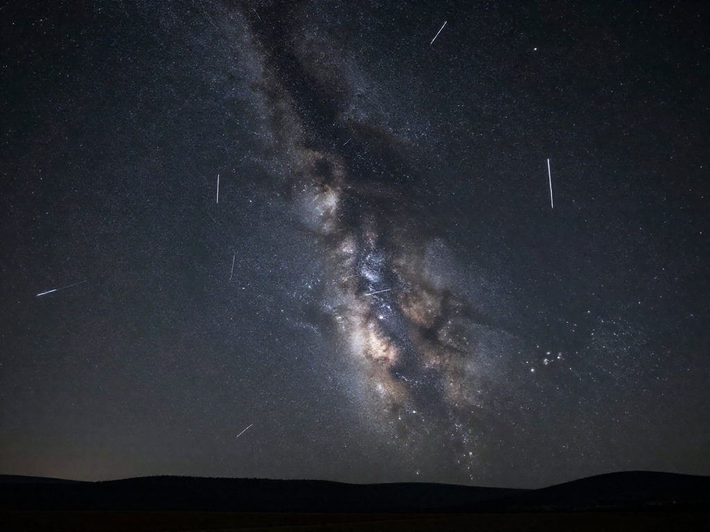 Multiple meteors streaking across a dark, star-filled night sky during a meteor shower