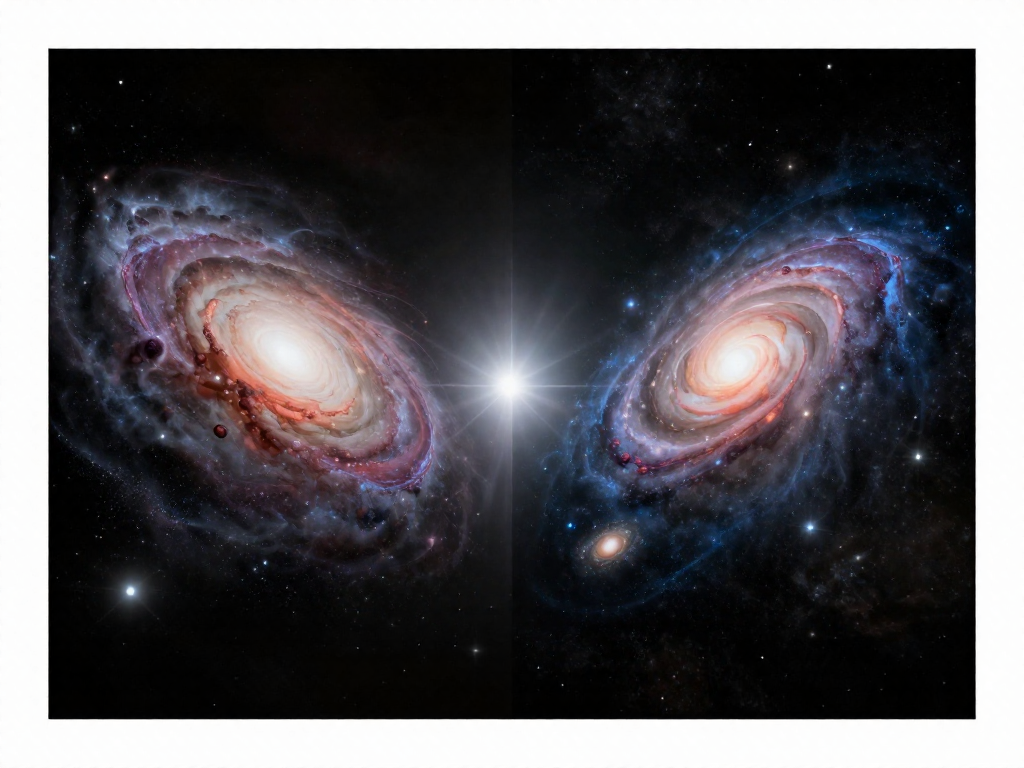 Split cosmic scene contrasting matter pulling inward with the universe expanding outward