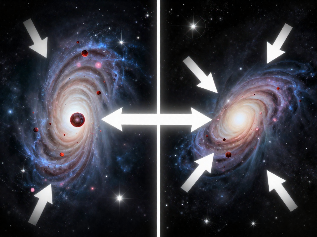 Comparison graphic showing dark matter pulling galaxies together and dark energy pushing them apart