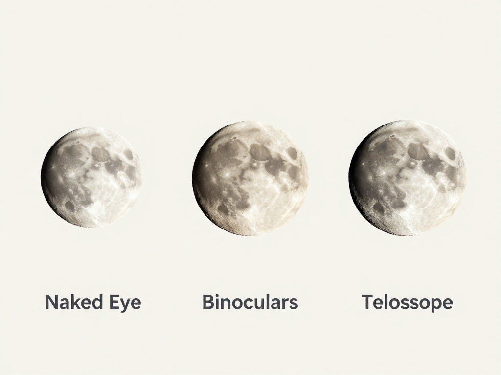 Three-panel comparison of the Moon seen with the naked eye, binoculars, and a telescope