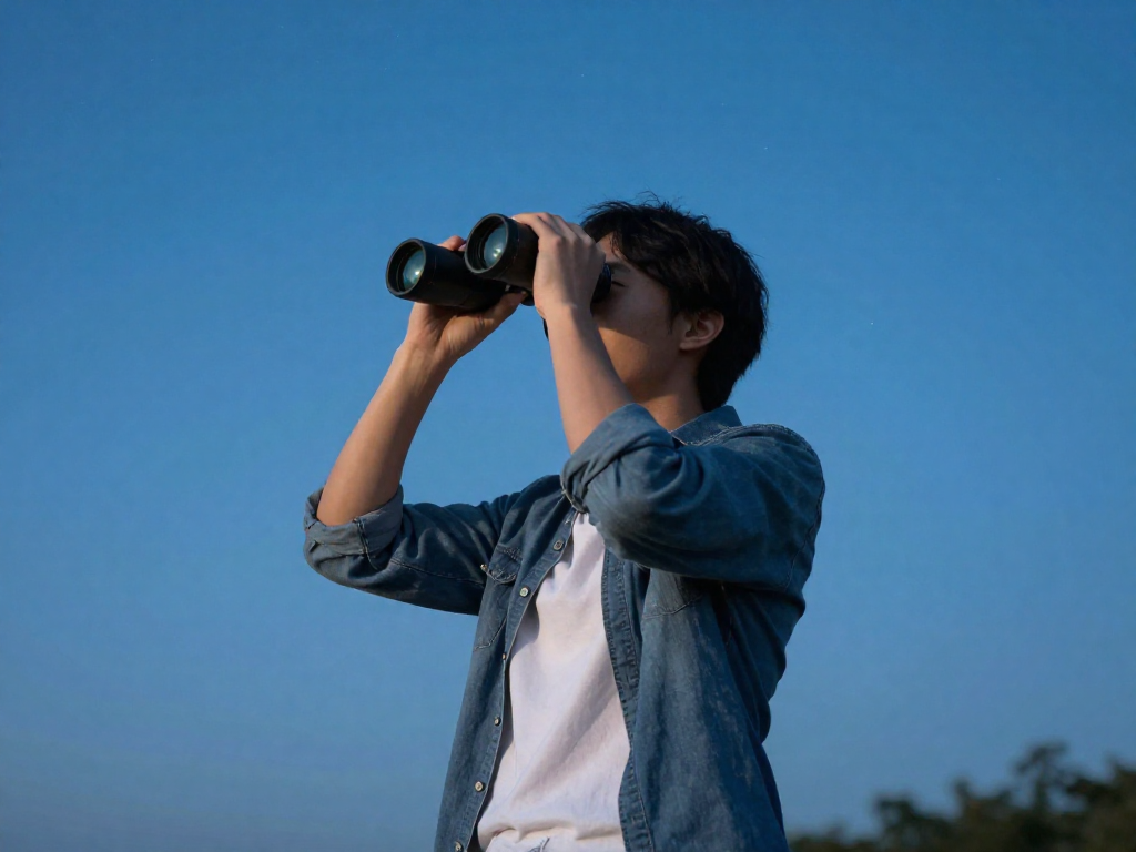 A person outdoors at dusk looking up at the night sky through binoculars