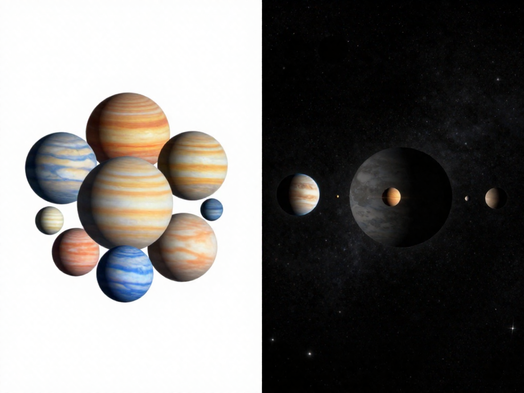 Side-by-side comparison of a compact textbook solar system diagram versus a true-to-scale version with vast empty space between planets