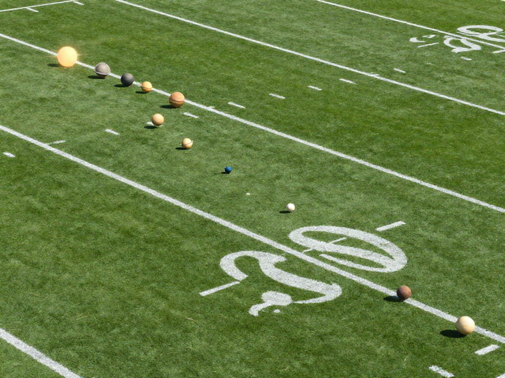 Football field infographic showing scale-model planets placed at proportional distances across the field