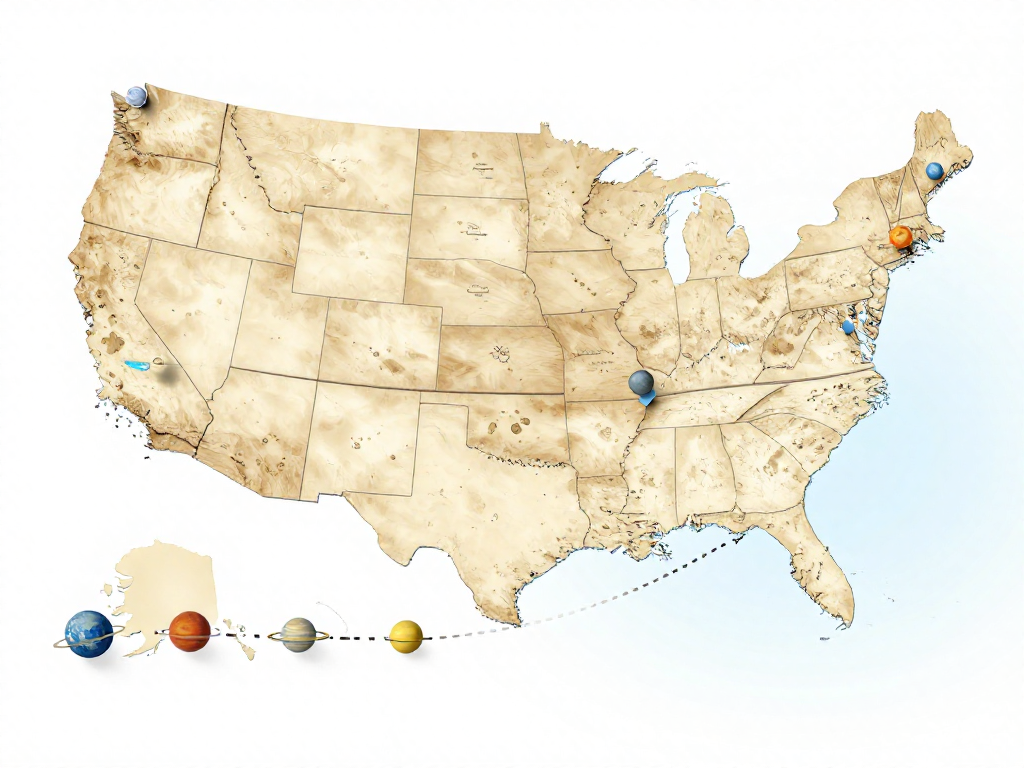 US road trip map with scale-model planets pinned to different cities along a coast-to-coast route