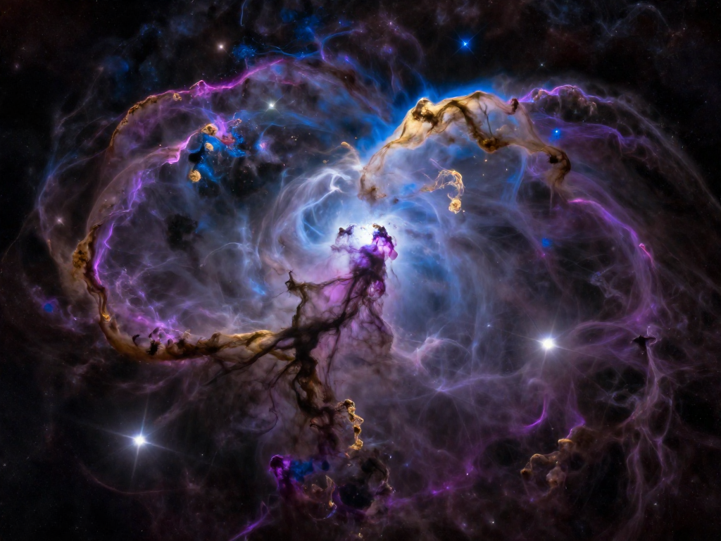 A glowing cosmic cloud of gas and dust filled with newborn stars against deep space