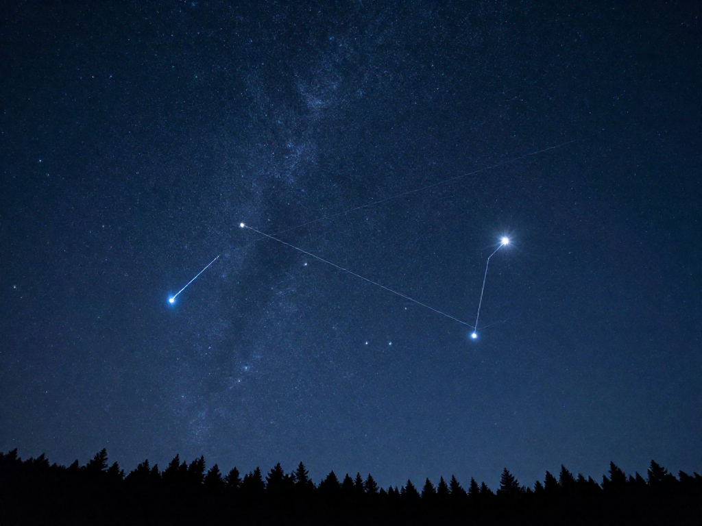 Night sky showing the Big Dipper with a guiding line pointing to the bright North Star, Polaris, and the W-shaped Cassiopeia constellation nearby