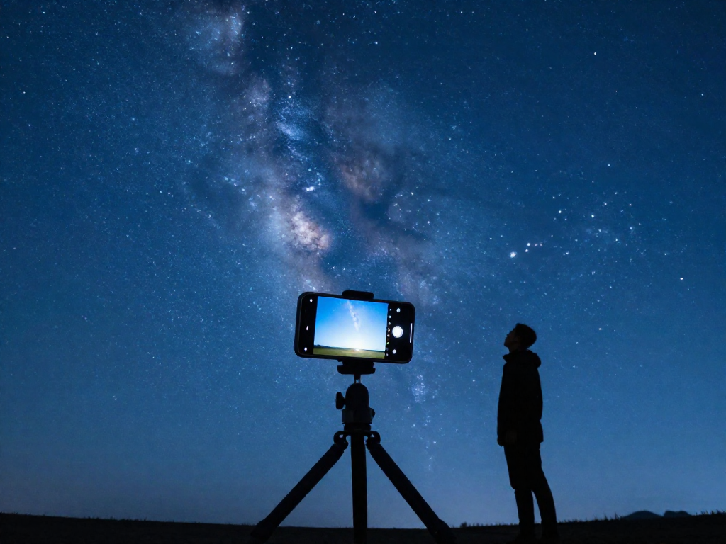 Smartphone on a small tripod pointed at a starry night sky with a person stargazing nearby