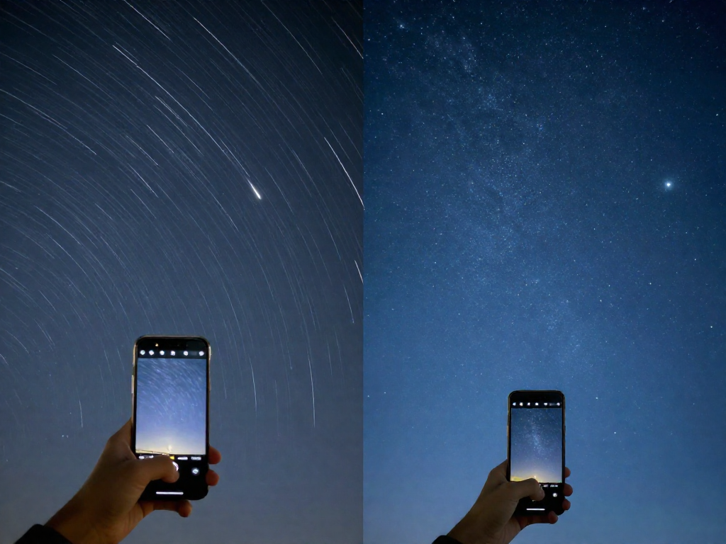 Side-by-side comparison of a blurry handheld night photo versus a sharp tripod-stabilized photo