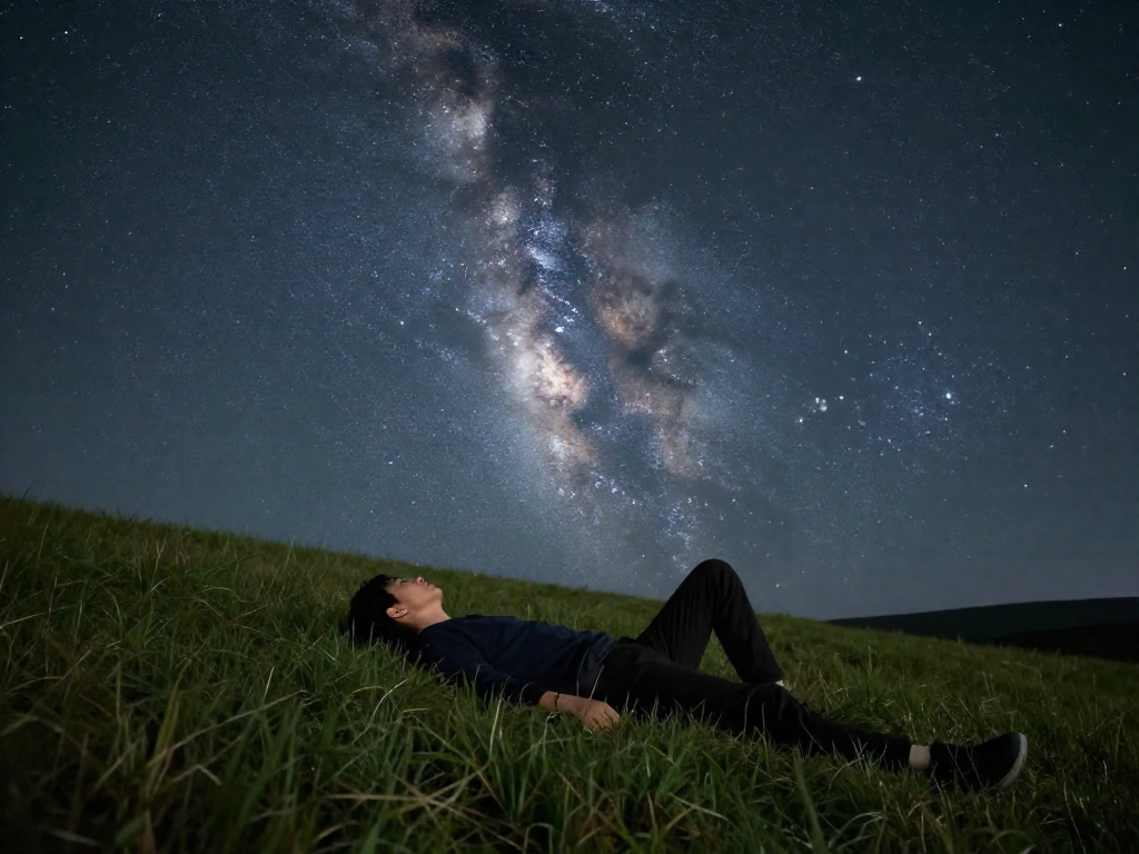A person lying back on a hilltop looking up at a star-filled night sky with the Milky Way visible