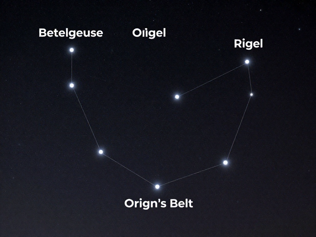 Annotated photo of the constellation Orion with Betelgeuse, Rigel, and the Belt stars labeled