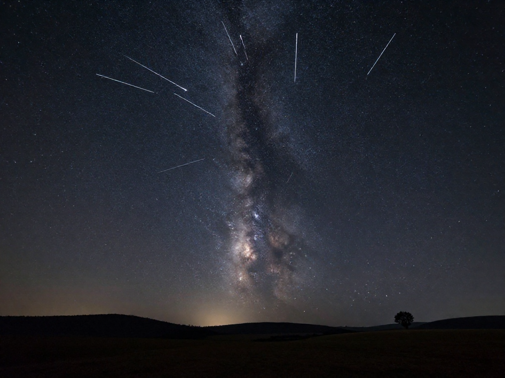 Multiple meteors streaking across a starry night sky over a dark rural landscape with the Milky Way visible