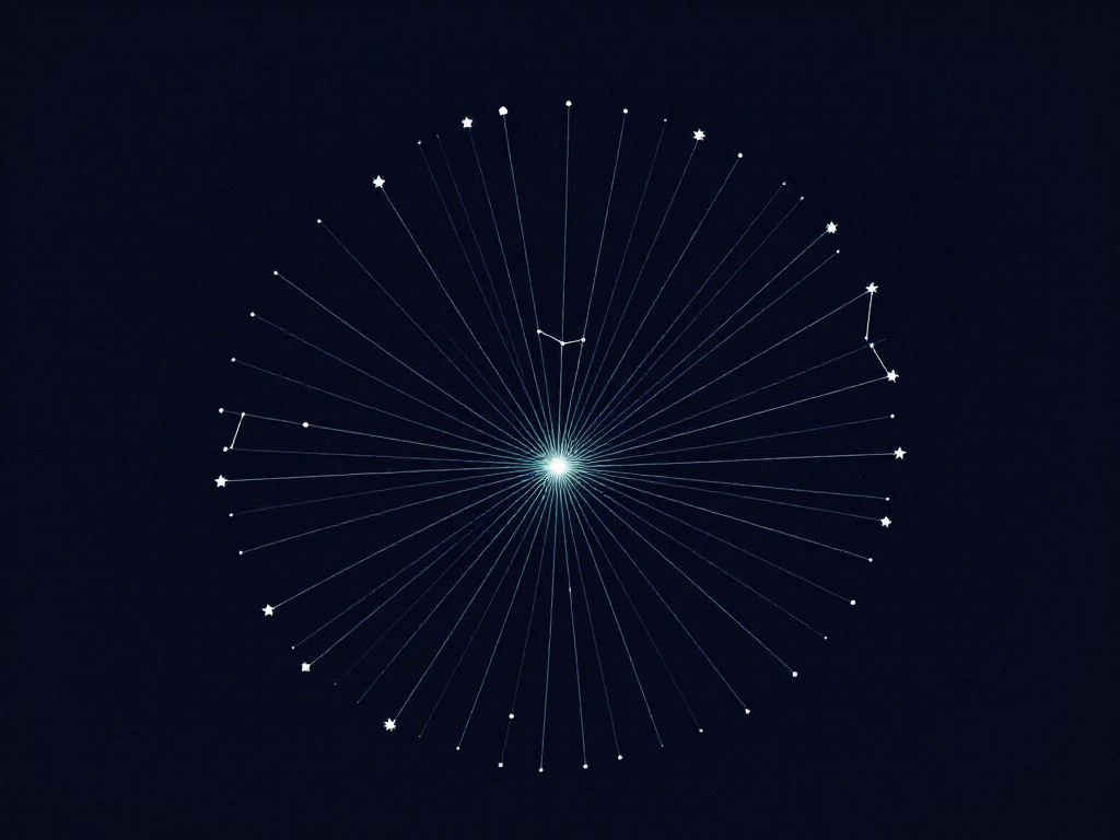 Annotated sky map showing meteors radiating outward from a labeled radiant point among the stars