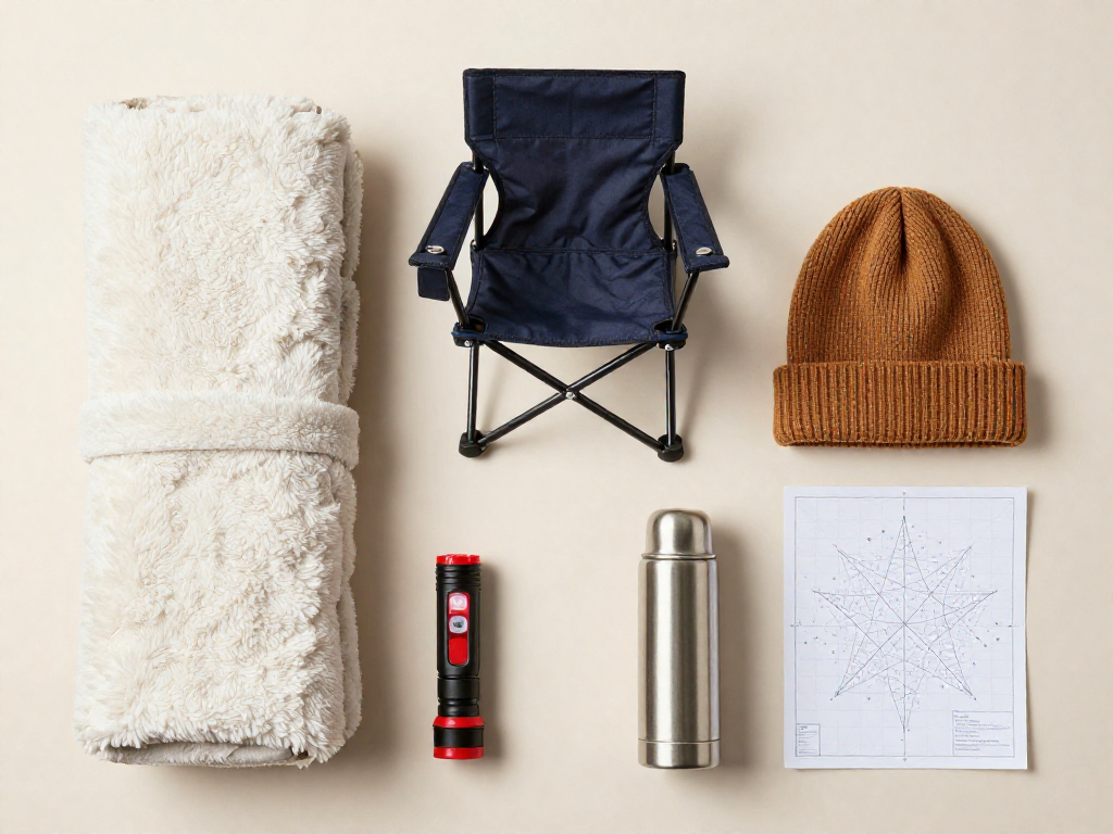 Flat-lay of meteor-watching gear including a blanket, camp chair, red flashlight, and thermos on a neutral background