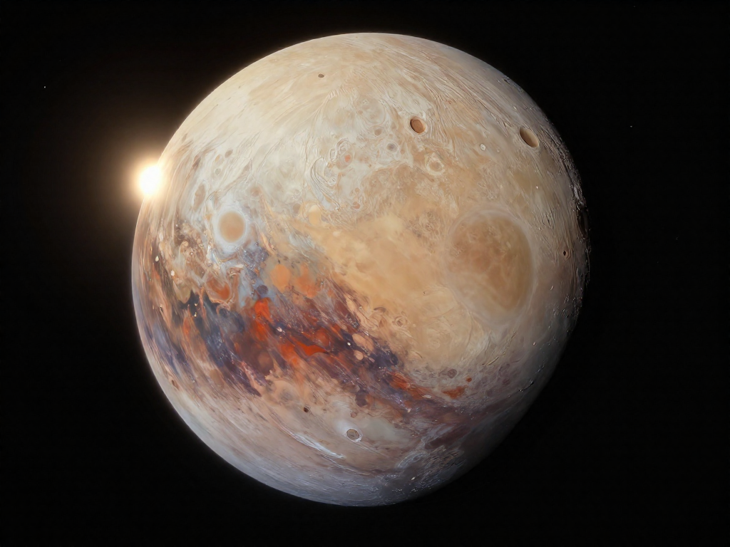 The dwarf planet Pluto with its heart-shaped bright region visible against a starry black background