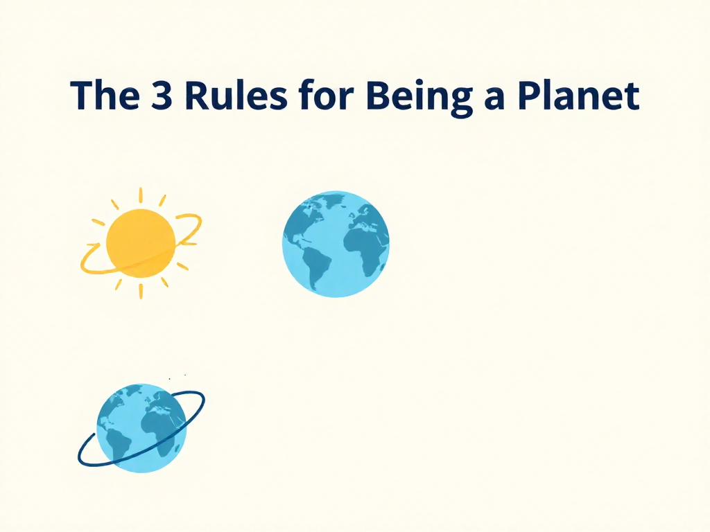 Infographic showing the three rules for being a planet: orbit the Sun, be round, and clear its orbit