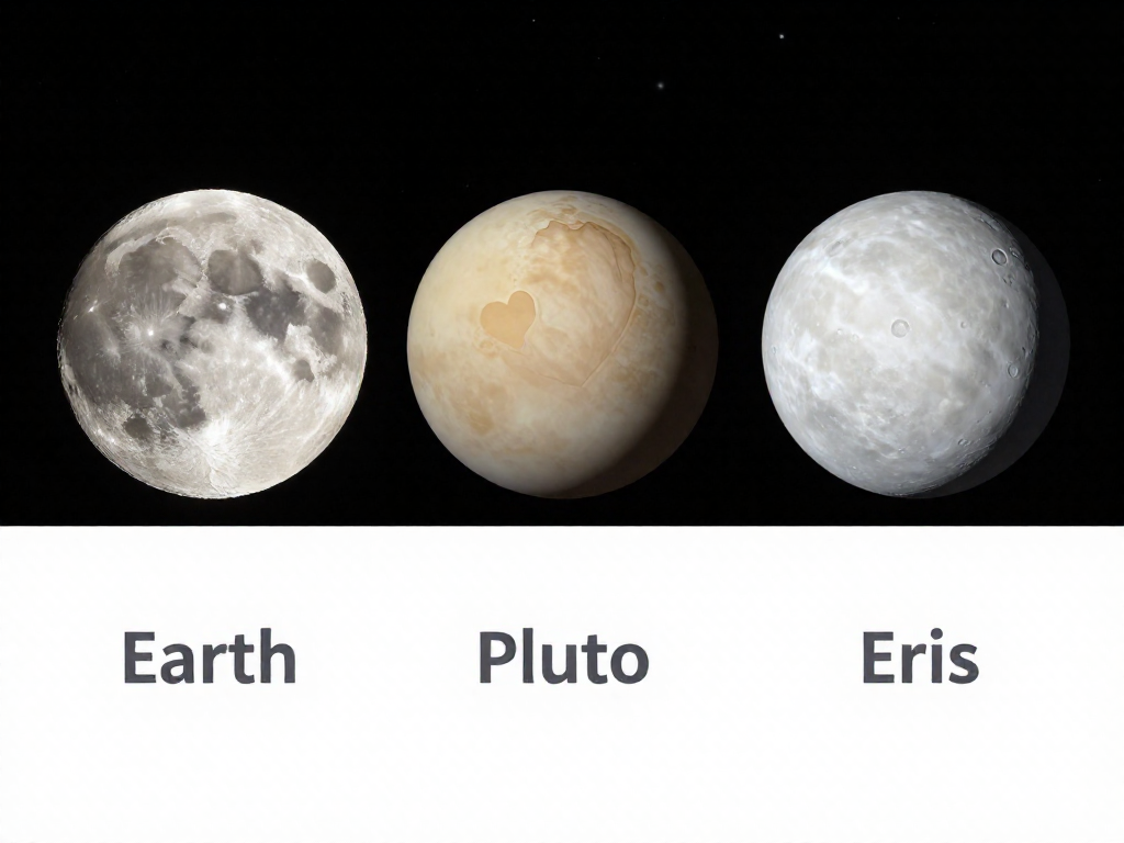 Size comparison of Earth's Moon, Pluto, and Eris shown side by side against a starry background