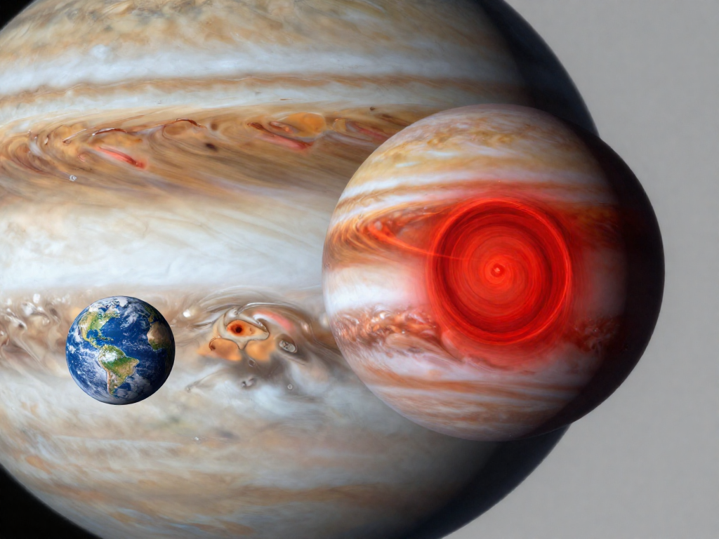 Scale comparison showing Earth is smaller than Jupiter's Great Red Spot