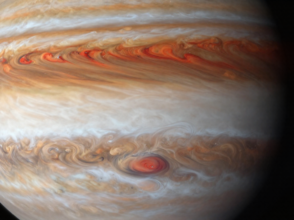 Close spacecraft view of the Great Red Spot revealing its swirling depth