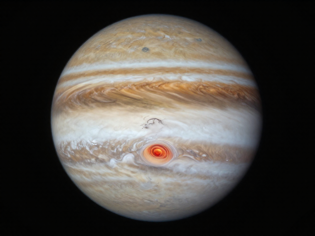 Full view of Jupiter with the Great Red Spot visible in its southern hemisphere