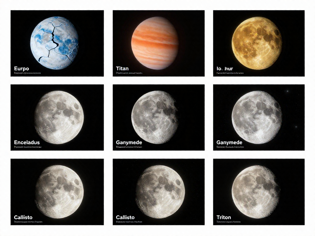 Vertical collage of seven solar system moons with name labels on a starry background