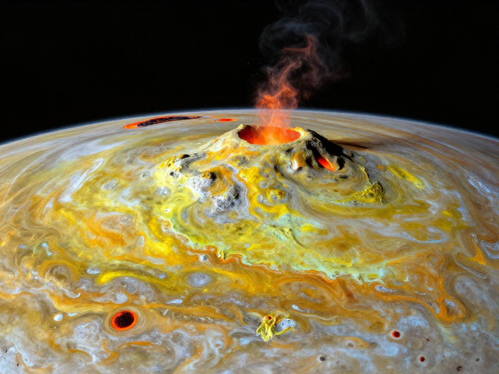 Io's yellow volcanic surface with an erupting plume rising into space