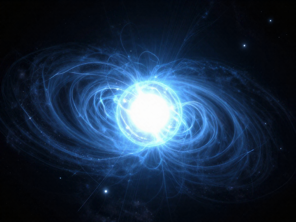 A brilliant blue-white neutron star glowing in deep space surrounded by faint nebula clouds