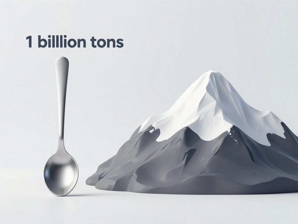Infographic comparing a teaspoon weighing one billion tons beside a mountain for scale