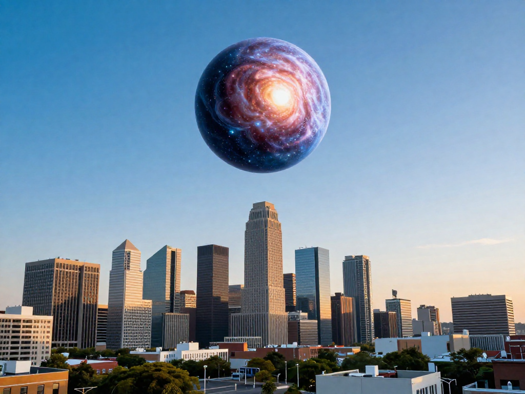 A neutron star shown to scale hovering over a city skyline to compare sizes