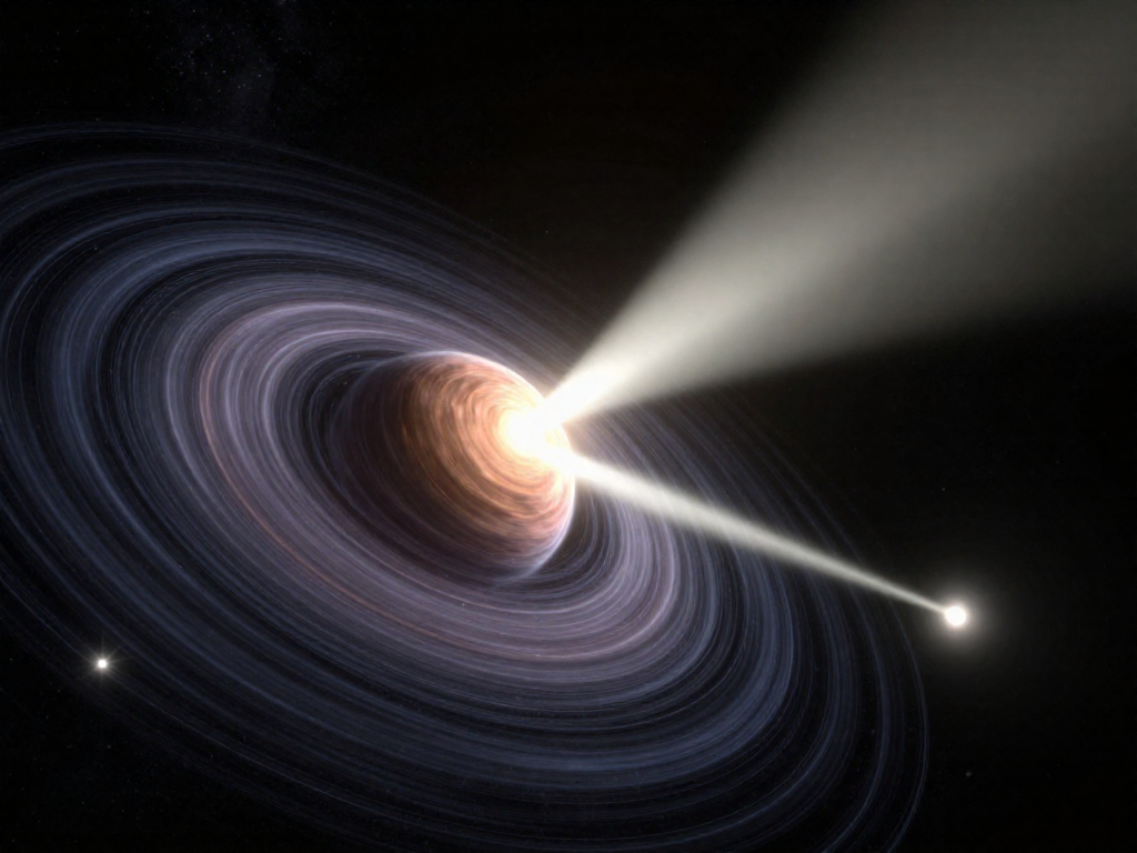 A pulsar spinning and emitting two lighthouse-like beams of light from its poles
