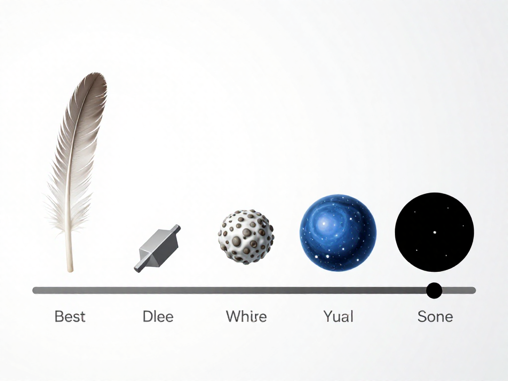 A density scale bar comparing a feather, lead, white dwarf, neutron star, and black hole
